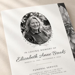 May include: A funeral program featuring a black and white oval portrait of a person surrounded by a delicate floral line drawing. The text reads IN LOVING MEMORY OF Elizabeth Anne Brooks, March 14, 1942 - November 8, 2024, and FUNERAL SERVICE.