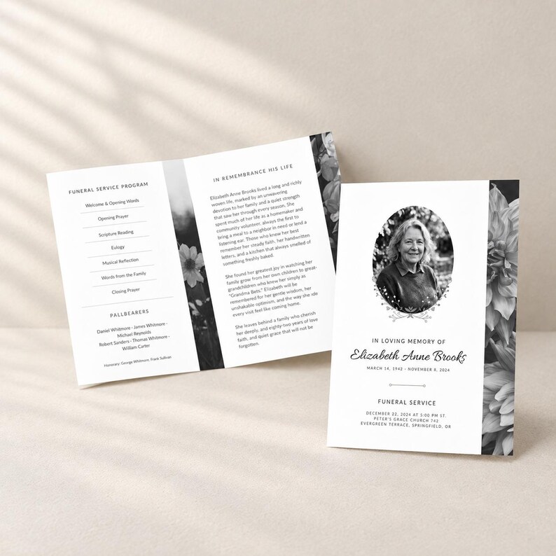 May include: A black and white funeral program featuring a portrait of Elizabeth Anne Brooks within an oval frame. The text includes 'In Loving Memory of Elizabeth Anne Brooks', service details, a biography, and a list of pallbearers on a floral background.