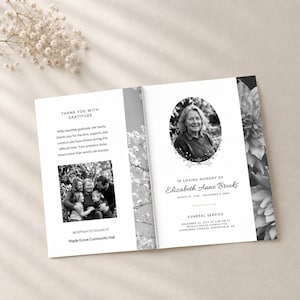 May include: A black and white funeral program featuring a portrait of Elizabeth Anne Brooks in an oval frame, text detailing her life dates, service information at Peter's Grace Church, and a family photograph with a thank you message.