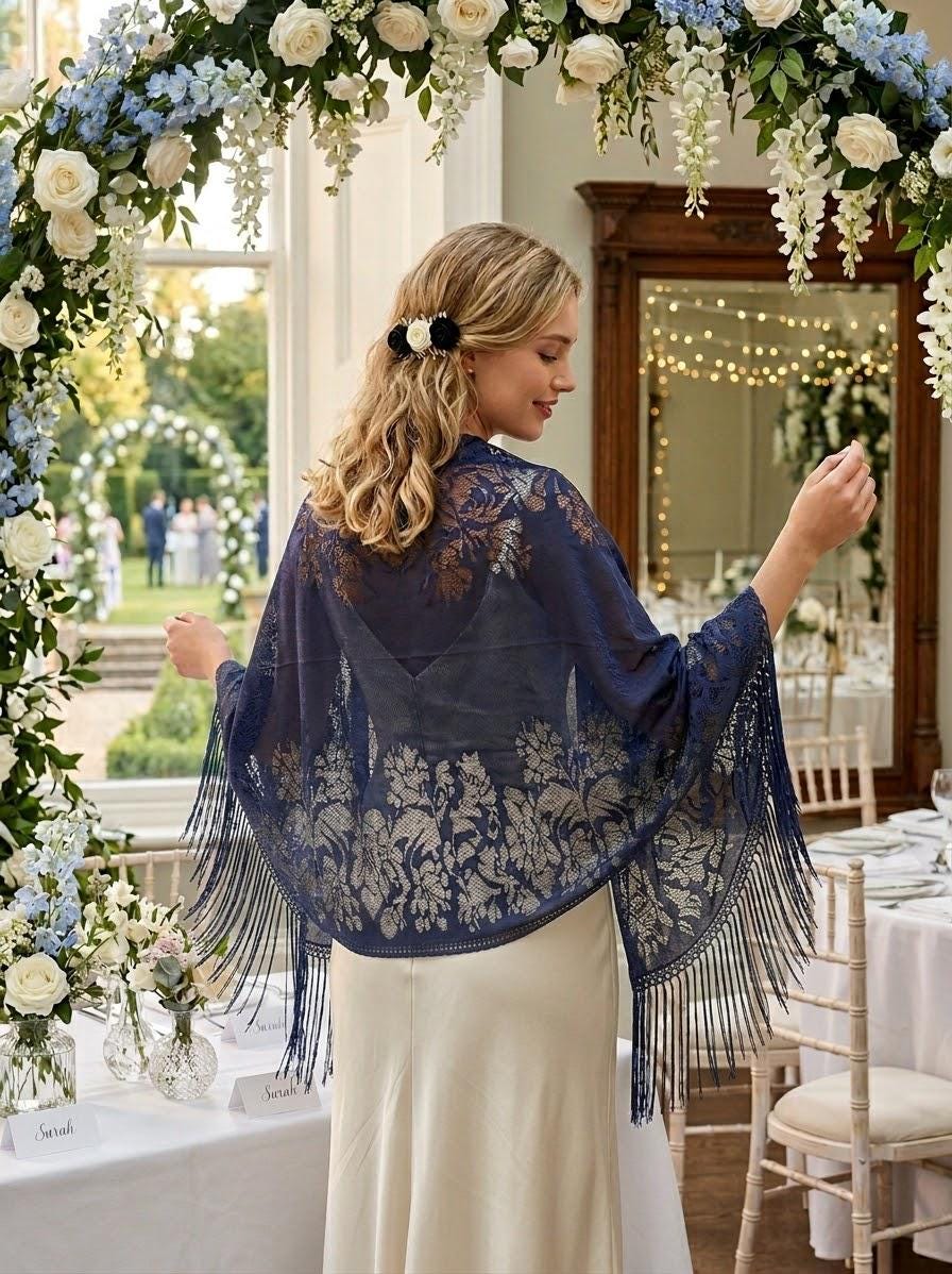 dark blue dress matching shawl Navy Formal Shawls Prom Color:Hot Fuchsia Long Tulle Evening Dresses Oscars 2022 Worst Dressed: Navy (other colors available)