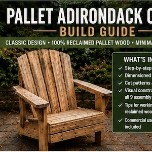 May include: A digital build guide for a pallet Adirondack chair, featuring a large wooden chair image, assembly steps, and a diagram showing a 34-inch length and 100-105 degree back angle. The text includes PALLET ADIRONDACK CHAIR BUILD GUIDE.