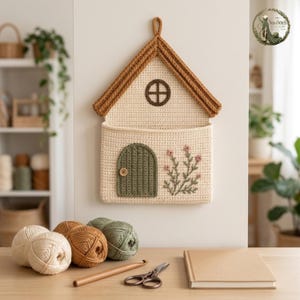 May include: A cream-colored crochet wall hanging shaped like a house with a brown roof, a circular window, and a green door featuring a small wooden button. The house has a pocket design and is decorated with embroidered pink floral sprigs.