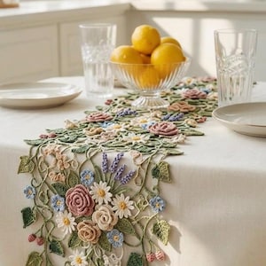 Peut inclure: Un long chemin de table décoratif présentant un travail au crochet complexe avec un motif floral. Le design comprend des roses crochetées en trois dimensions dans des tons rose et beige, des marguerites blanches, des myosotis bleus, des brins de lavande, des feuilles vertes et de petites baies roses.