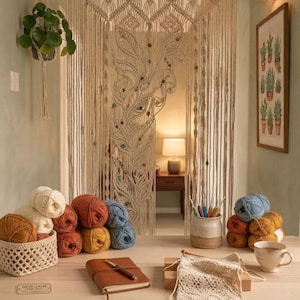 Op de afbeelding: Een grote crèmekleurige macramé wandhanger met ingewikkelde knooppatronen en een centraal veerontwerp met kleine gekleurde kralen. Het stuk hangt aan een houten roede en fungeert als een decoratieve ruimteverdeler in een deuropening.