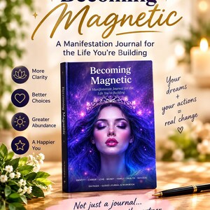 May include: A hardcover journal titled Becoming Magnetic: A Manifestation Journal for the Life You're Building. The cover features a purple and blue cosmic background with a portrait of a person wearing a crown, surrounded by text and icons.