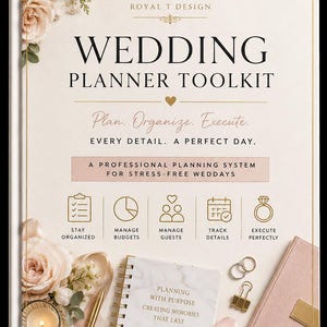 Könnte beinhalten: Ein Hochzeitsplaner-Toolkit-Buchcover mit dem Text ROYAL T DESIGN, WEDDING PLANNER TOOLKIT, Plan. Organize. Execute. EVERY DETAIL. A PERFECT DAY. A PROFESSIONAL PLANNING SYSTEM FOR STRESS-FREE WEDDAYS sowie verschiedenen Symbolen.