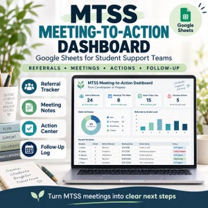 Op de afbeelding: Een digitaal MTSS Meeting-to-Action Dashboard voor Google Sheets weergegeven op een laptopscherm. De interface bevat datavisualisaties, verwijzingstrackers, notulen, actiecentra en logboeken voor studentondersteuningsteams.