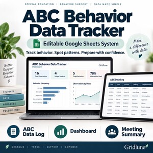 May include: An ABC Behavior Data Tracker editable Google Sheets system displayed on a laptop and tablet screen. The dashboard shows behavior frequency charts and an ABC data log table. Text includes Special Education, Behavior Support, Data Made Simple, and Gridlune.
