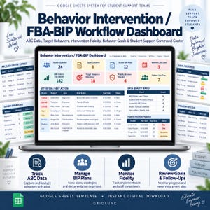 May include: A digital Google Sheets dashboard for student behavior intervention and FBA-BIP workflows. The screen displays data tables for active students, target behaviors, and intervention fidelity, with sections for goal progress and follow-ups.