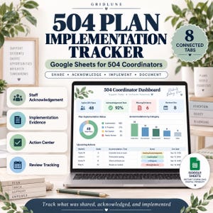 May include: A digital 504 Plan Implementation Tracker for Google Sheets, displayed on a laptop screen. The dashboard features charts, metrics, and tabs for staff acknowledgement, implementation evidence, action center, and review tracking.