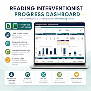 May include: A digital Reading Interventionist Progress Dashboard template for Google Sheets and Excel displayed on a laptop screen. The interface features data tables, bar charts, and metrics for tracking student growth, attendance, and intervention responses.