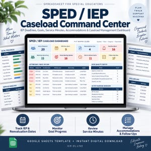 May include: A digital spreadsheet template for special educators titled SPED / IEP Caseload Command Center. The interface displays a dashboard with metrics for active students, IEP deadlines, and service minutes, alongside tables for goal progress and accommodations.