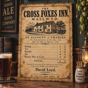 May include: A rectangular vintage-style sign titled The Cross Foxes Inn, Mallwyd, featuring a black ink illustration of an inn on aged, tan paper. The text lists an account of charges from March 2, 1784, including items like eating, tea, and brandy.