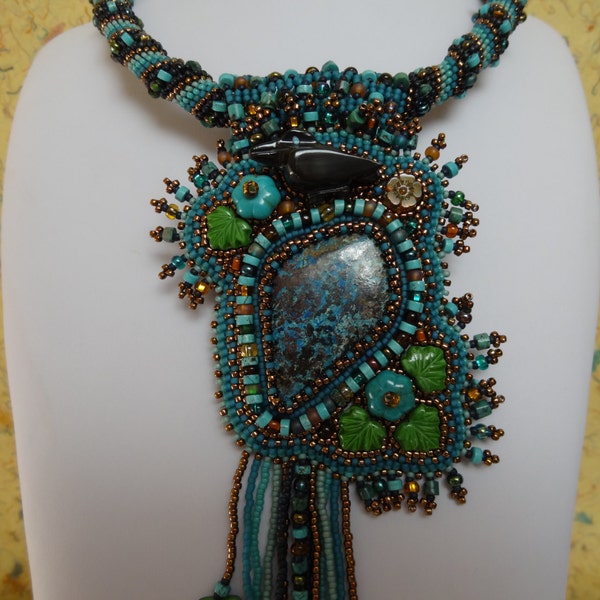 RESERVED for Shirley, Forest Raven, Hand Carved Raven Fetish, Shattuckite Cabochon, Turquoise and Picasso Beads, Long Asymmetrical Fringe