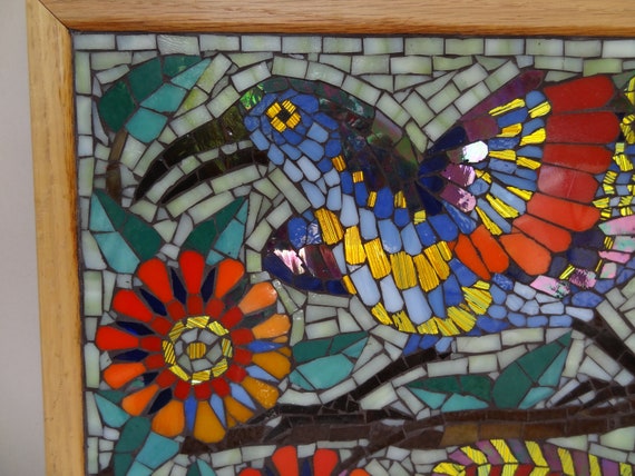 Tropical Bird With Red Flowers Mosaic Wall Art Rainbow Colors Special Textured Gold Glassstained Glass Tile Work Pale Green Background - 