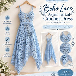 Può includere: Un abito all'uncinetto azzurro con orlo asimmetrico, spalline sottili e motivi in pizzo floreale. L'immagine include il testo: Crochet Pattern, Boho Lace Asymmetrical Crochet Dress, US Terminology, Skill Level Intermediate, Sizes XS-XL.