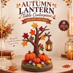 May include: A crochet pattern document titled Autumn Lantern Table Centerpiece featuring a brown crocheted tree with colourful autumn leaves, three orange pumpkins, and acorns on a green base, with a hanging lantern and step-by-step instructions.