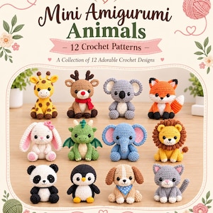 Peut inclure: Une couverture de livre intitulée Mini Amigurumi Animals présentant 12 modèles de crochet. Elle affiche 12 figurines d'animaux au crochet, dont une girafe, un cerf, un koala, un renard, un lapin, un dragon, un éléphant, un lion, un panda, un pingouin, un chien et un chat.