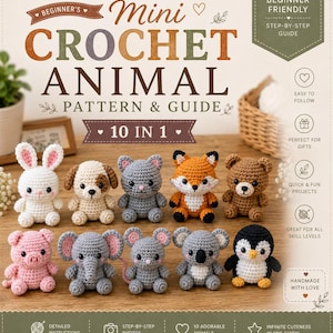 Puede incluir: Una guía titulada Mini Crochet Animal Pattern & Guide 10 in 1 que presenta diez pequeños animales de ganchillo, incluyendo un conejo, perro, gato, zorro, oso, cerdo, elefante, ratón, koala y pingüino, con texto de instrucciones paso a paso.