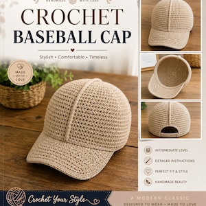 May include: A beige crochet baseball cap featuring a textured, woven stitch pattern with a structured brim and a rounded crown. The cap is shown from multiple angles, including the front, the interior, and the back with an adjustable strap.
