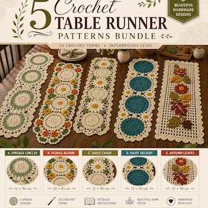 Può includere: Un pacchetto di cinque schemi per runner da tavola all'uncinetto intitolati Vintage Circles, Floral Bloom, Daisy Chain, Daisy Delight e Autumn Leaves. I runner mostrano vari motivi floreali e geometrici in crema, verde, arancione e verde acqua.