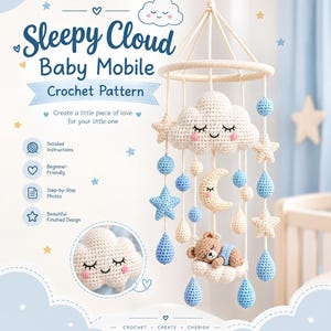 Crochet Baby Mobile Pattern, Cloud Moon Star Nursery Mobile, Amigurumi Crib Decor, Sleepy Baby Mobile PDF, Digital Download