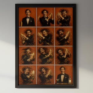 May include: A framed wall art print featuring a twelve-panel grid illustration of a person in a tuxedo shaking a cocktail shaker. The sequence shows the person transitioning from a still pose to an active shaking motion and back to a still pose.