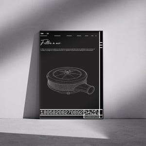 May include: A black rectangular poster featuring a white line drawing of a circular air filter. The text reads "Filtre à air" at the top, with a long numerical sequence "18058208270892" and a QR code at the bottom, all presented in a technical style.