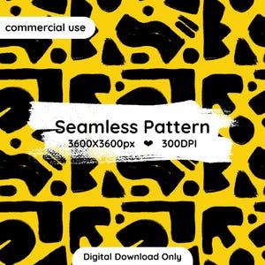 Può includere: Un motivo senza giunture con forme astratte nere su sfondo giallo brillante. Una pennellata bianca contiene il testo: commercial use, Seamless Pattern, 3600X3600px, 300DPI. Un'etichetta bianca in basso riporta: Digital Download Only.