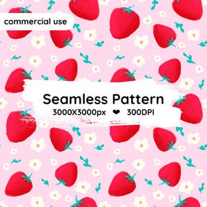 May include: A seamless pattern featuring red strawberries and small white flowers on a light pink background. Text overlays include commercial use, Seamless Pattern, 3000x3000px, and 300DPI. The design repeats the fruit and floral elements across the surface.