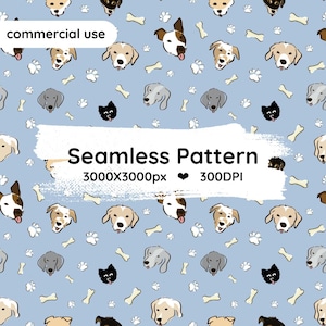 Op de afbeelding: Een naadloos patroon op een lichtblauwe achtergrond met diverse hondenrassen, witte pootafdrukken en botten. De tekst bevat: commercial use, Seamless Pattern, 3000X3000px, 300DPI. De honden zijn afgebeeld in bruin, zwart, grijs en wit.