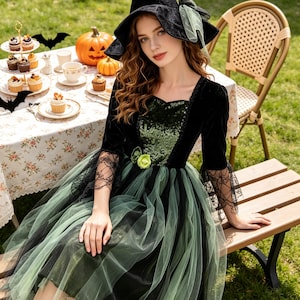 Forest Witch Costume, Green Witch Halloween Dress, Woodland Witch Cosplay, Gothic Fantasy Dress, Adult Witch Costume, Stage Performance