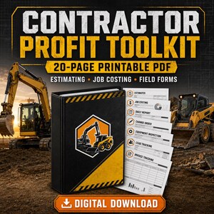 Peut inclure: Un kit d'outils de profit pour entrepreneur, PDF imprimable de 20 pages en téléchargement numérique. Le classeur noir présente une bande de danger jaune et une icône d'excavatrice. Inclut des formulaires pour devis, coûts et rapports.