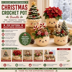 Könnte beinhalten: Ein Häkelmuster-Set mit weihnachtlichen Motiven wie Baum, Weihnachtsstern, Rentier, Süßigkeiten und Lebkuchen. Das Bild zeigt vier gehäkelte Töpfe mit lächelnden Gesichtern, die jeweils mit festlichen Elementen wie roten Beeren verziert sind.