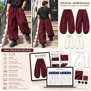 May include: A digital sewing pattern for Raúl pants, featuring a maroon pair of loose-fitting trousers with an elastic waistband and cuffed ankles. The set includes printable PDF files, sewing instructions, a size chart, and a fabric guide.