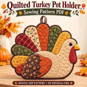 Puede incluir: Un patrón de costura PDF para agarradera de pavo acolchada. El pavo presenta una cola en forma de abanico con varios segmentos de tela en colores otoñales con patrones rojos, naranjas, amarillos y verdes. Cuerpo color crema, carúncula roja y lazo.