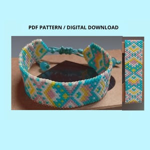 May include: A beaded bracelet featuring a geometric pattern in turquoise, yellow, white, and light pink. The bracelet has a drawstring closure with small beads. The text PDF PATTERN / DIGITAL DOWNLOAD is visible above the bracelet.