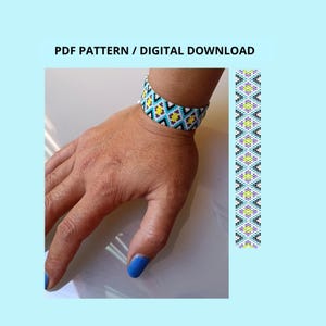 May include: A beaded bracelet featuring a geometric diamond pattern in yellow, black, white, and light blue. The text PDF PATTERN / DIGITAL DOWNLOAD is visible at the top. A vertical strip showing the repeating pattern is displayed on the right side.