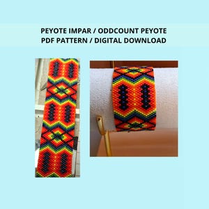 May include: A digital download PDF pattern for a peyote stitch bracelet featuring a geometric design in vibrant red, orange, yellow, green, blue, and black beads. The text PEYOTE IMPAR / ODDCOUNT PEYOTE PDF PATTERN / DIGITAL DOWNLOAD is visible.