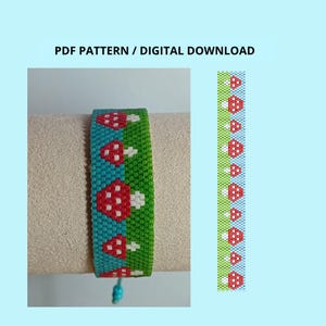 PDF PATTERN magic mushroom peyote bracelet, cottagecore pattern, tapered odd count peyote chart,  miyuki cuff, macrame closure tutorial pdf
