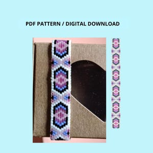 May include: A PDF pattern digital download featuring a beaded bracelet design with a repeating geometric diamond motif in shades of pink, purple, blue, black, and white. The graphic shows the finished bracelet and a vertical strip of the pattern.