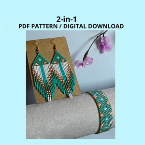 May include: A pair of beaded fringe earrings and a matching beaded bracelet featuring a geometric diamond pattern in turquoise, white, and metallic gold. The text 2-in-1 PDF PATTERN / DIGITAL DOWNLOAD is displayed above the jewelry items.