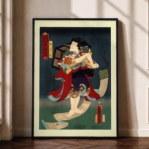 May include: A framed ukiyo-e style print featuring a figure with dark hair wearing a red and purple patterned robe. The figure carries a dark box on their back and stands atop a long, winding scroll covered in Japanese text against a dark background.
