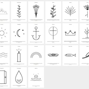 May include: A collection of twenty-one individual white cards, each featuring a single black line-art icon centered on the page. The icons include symbols such as mountains, plants, a sun, a moon, an anchor, a cross, a crown, a tree, waves, and a candle.