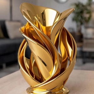 Op de afbeelding: Een metallic gouden vaas met een complex, sculpturaal ontwerp met meerdere gebogen, bloembladachtige lagen die omhoog spiralen vanaf een ronde basis. Het oppervlak is sterk reflecterend en glad, waardoor diepe schaduwen en heldere accenten ontstaan.