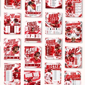 May include: A collection of red and white baseball-themed social media templates featuring players in uniforms, game statistics, schedules, rosters, and scoreboards with text including Game Day, Player Spotlight, Final Score, and MVP.