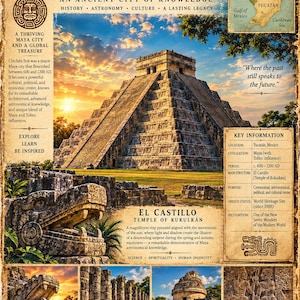 May include: A vintage-style educational poster of Chichén Itzá in Yucatán, Mexico. It features a large central image of the El Castillo pyramid, a location map, and smaller photographs of the Feathered Serpent, Temple of the Warriors, and El Caracol.