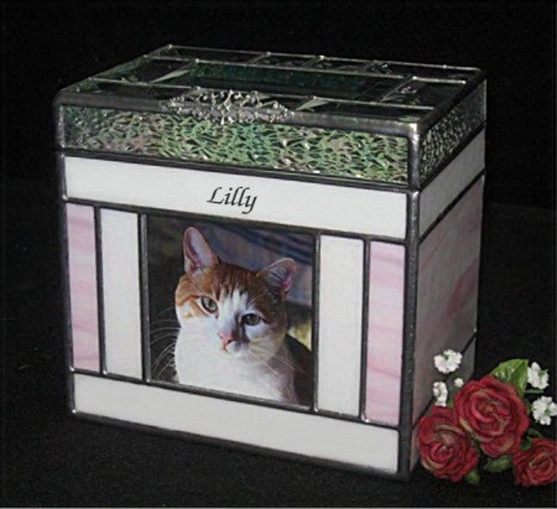 Pet Urn Medium 9 Dog or Cat Cremation photo window Urn with a Beveled Top Lid stained glass image 2