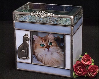 Cat Urn Small #4 Cremation Urn with Photo window and one Bevel on top in Stained Glass