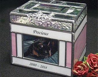 Pet Urn for ashes Small #9 Dog or Cat  photo window Urn with a Beveled Top Lid stained glass